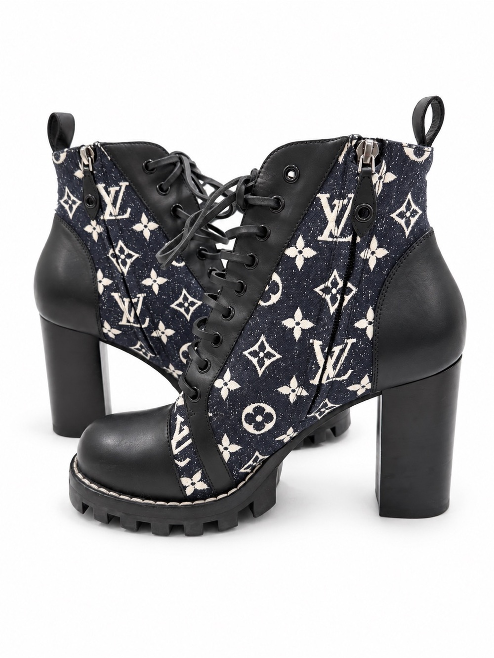 Designer Monogram Lace-Up Ankle Boots in Black and Navy